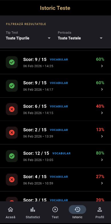 Ecran istoric teste cu scoruri, procente și status admis/respins