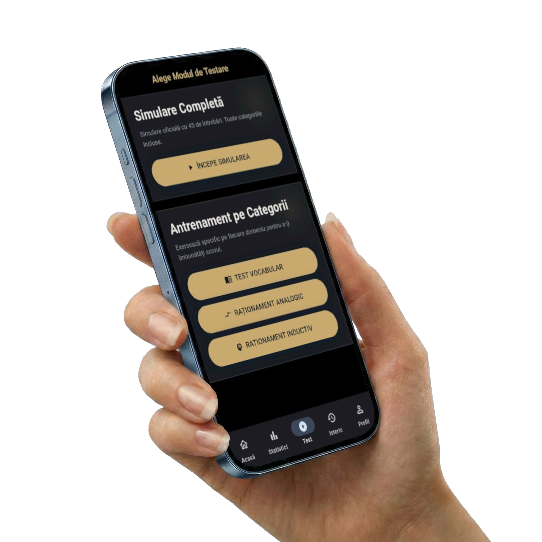 Rezultate simulare admitere — mână ținând smartphone cu ecranul de scor și status ADMIS