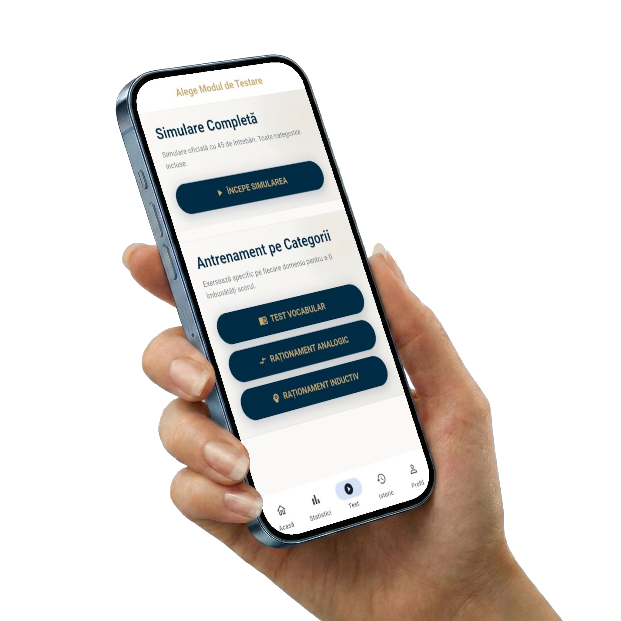 Rezultate simulare admitere — mână ținând smartphone cu ecranul de scor și status ADMIS