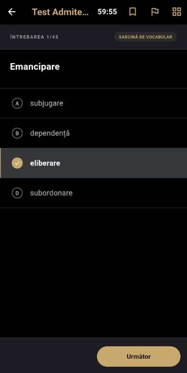 Ecran cu întrebare de raționament analogic și cronometru