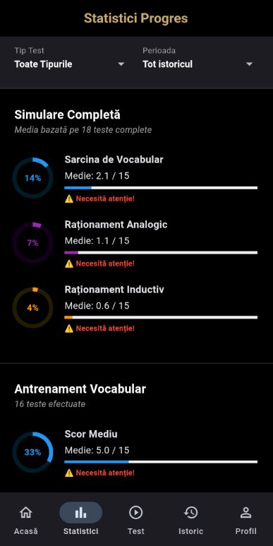 Ecran statistici cu performanță pe categorii de teste