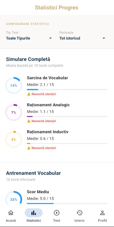 Ecran statistici cu performanță pe categorii de teste